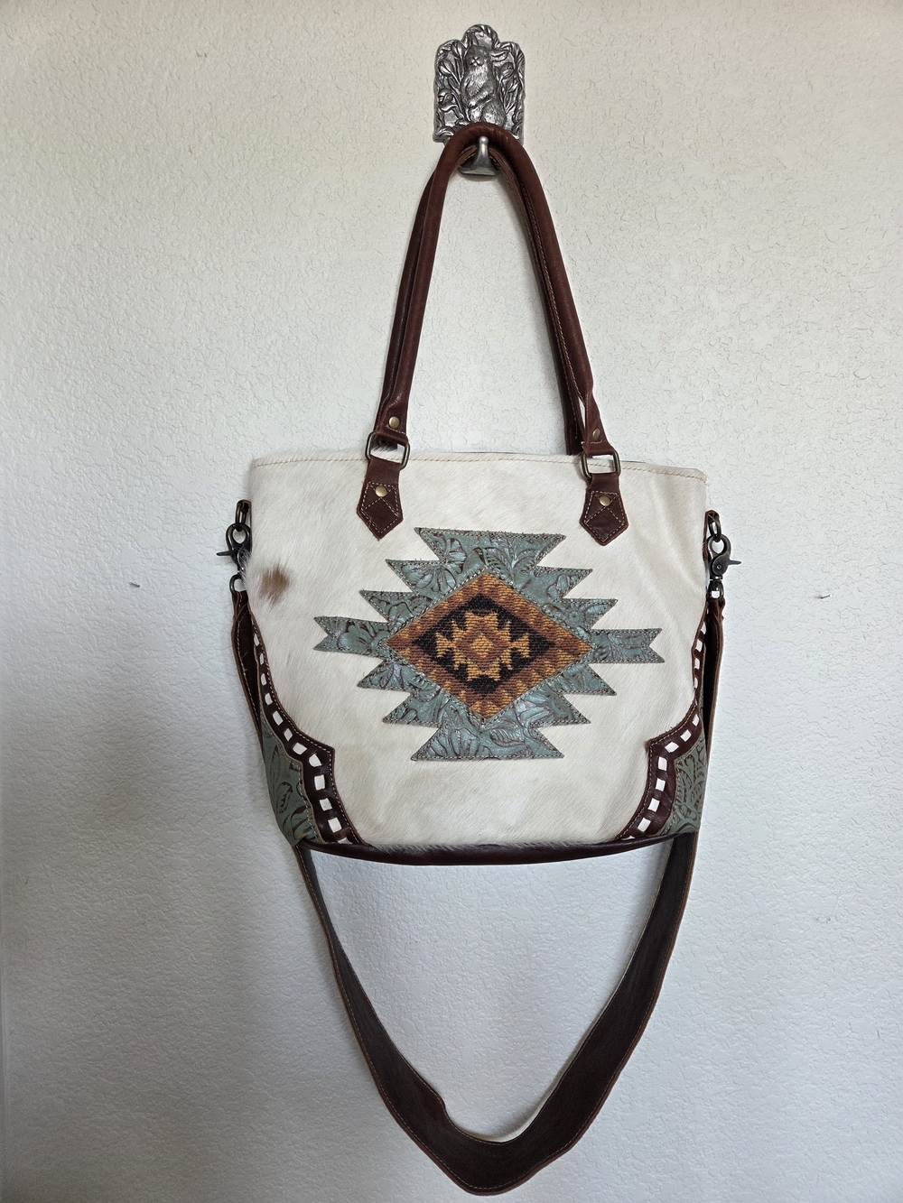 Myra Bag White and Brown Aztec Embroidered Shoulder Tote